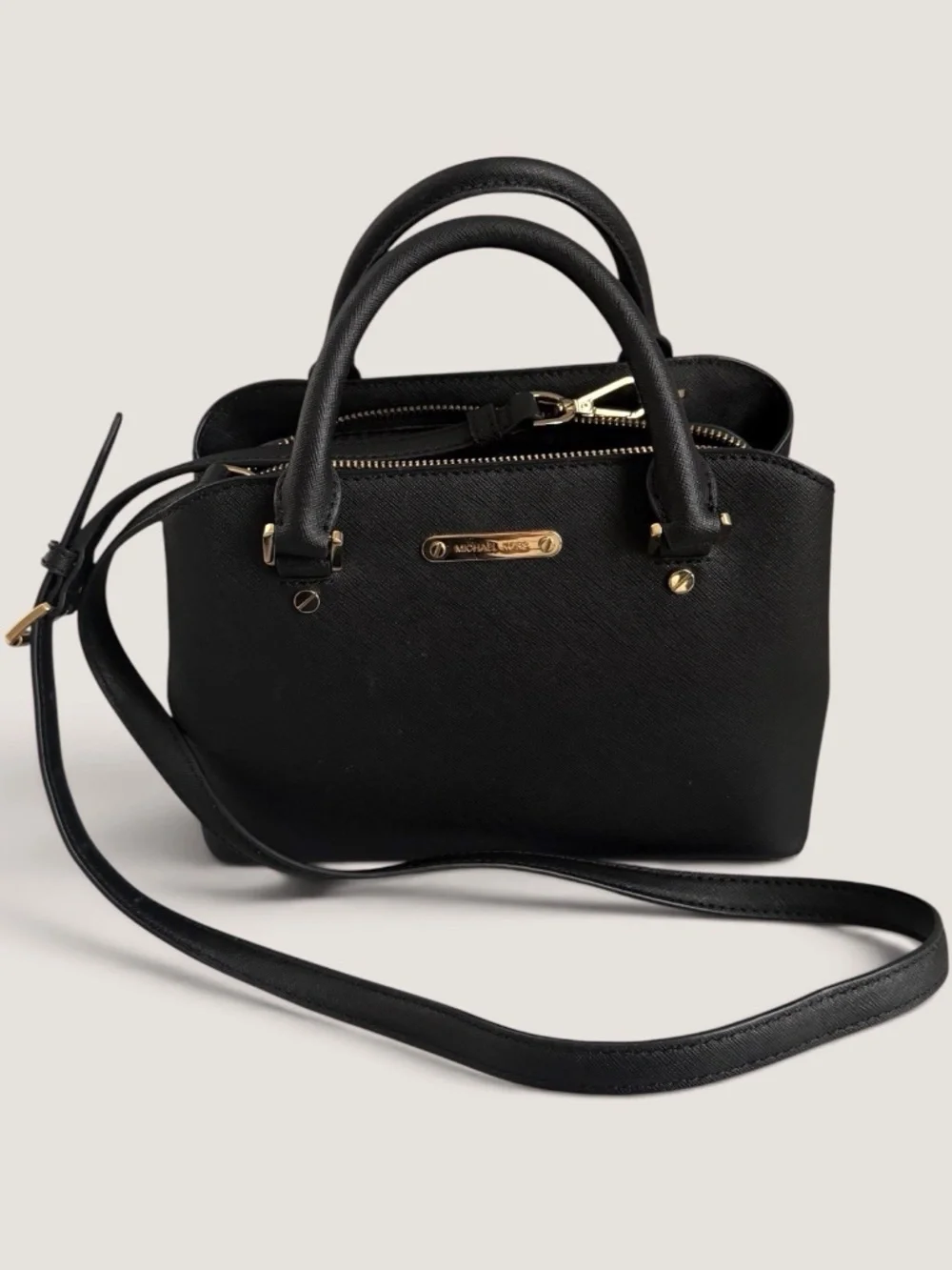 Michael Kors Small Saffiano Leather Top Handle Satchel Crossbody Bag Black Gold